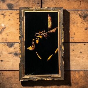 Vintage Black Velvet Jesus Painting – Crown of Thorns – Hand-Carved Wood Frame